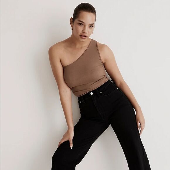 Madewell -356 NWT Brightside‎ Rib One-Shoulder Tank Brown Stable Women's Small - Picture 1 of 7
